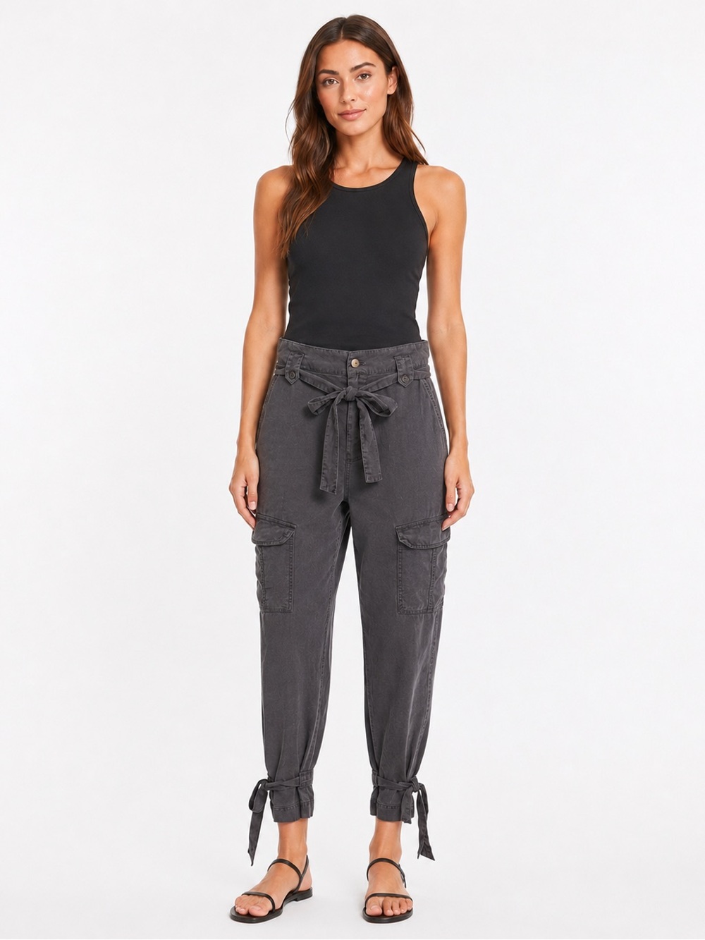 Young Fabulous & Broke Paperbag Waist Tie Cargo Pants Gray Small